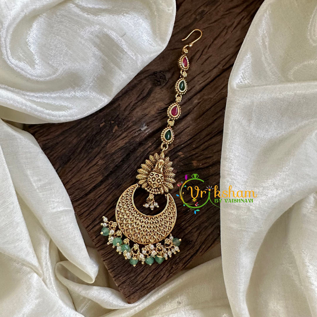 Premium AD Stone Maang Tikka-Chandh-Green Bead-G10540