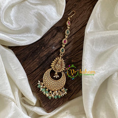 Premium AD Stone Maang Tikka-Chandh-Green Bead-G10540