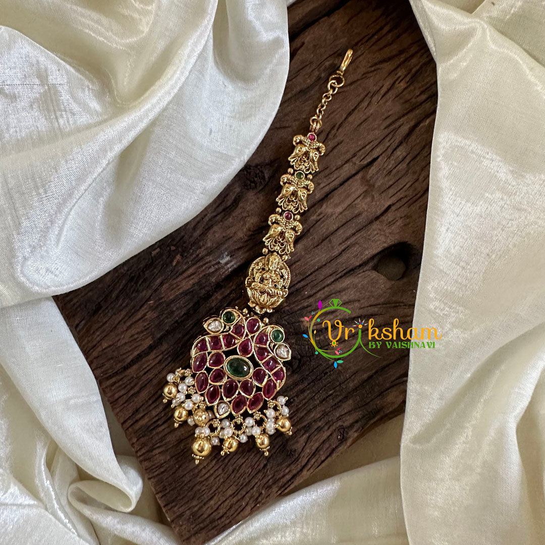 Premium Lakshmi Peacock AD Stone Maang Tikka -Gold Bead Pearl-G10537