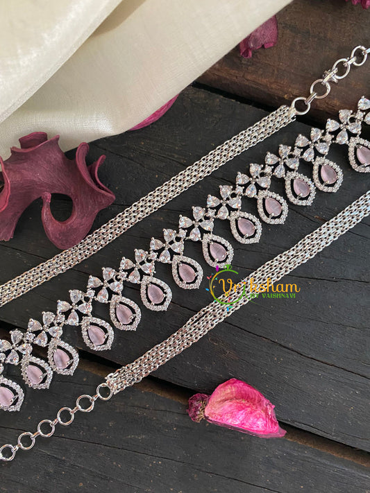 White Tone American Diamond Hip Chain-Pastel Pink-Floral-G3863