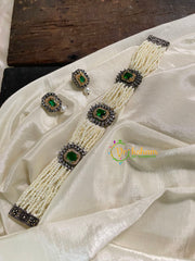 White Bead Victorian Diamond High Neck Choker -Green-VV543