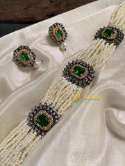 White Bead Victorian Diamond High Neck Choker -Green-VV543