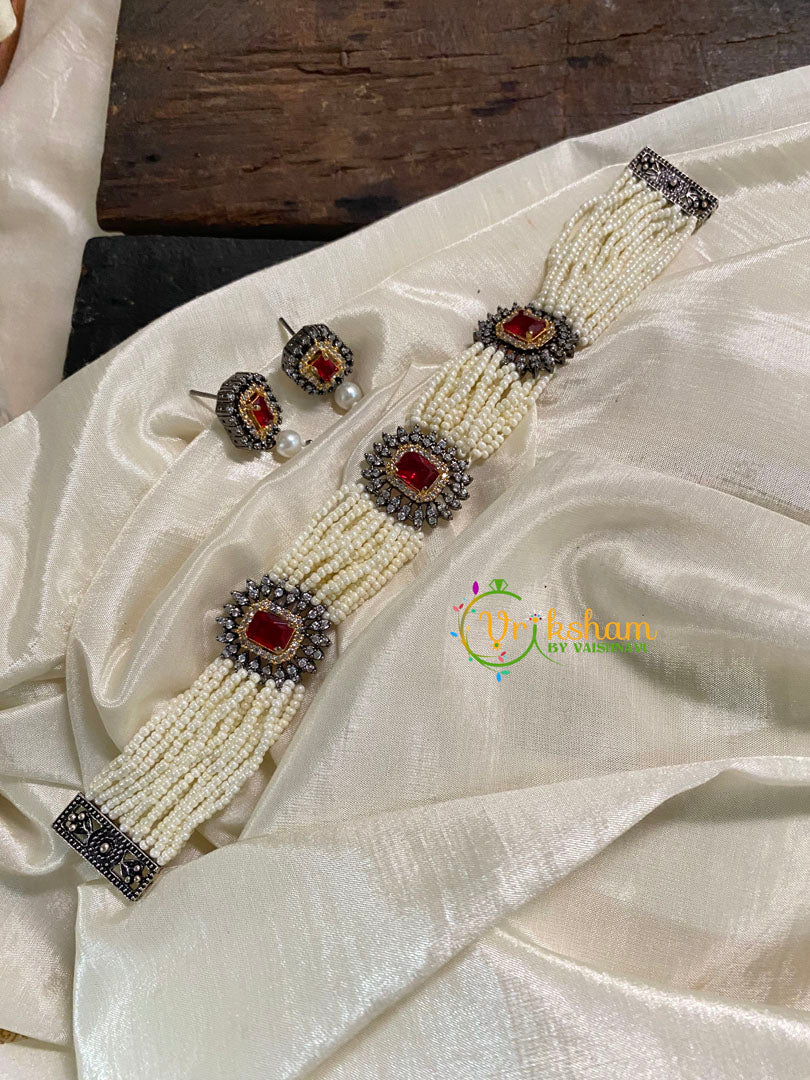White Bead Victorian Diamond High Neck Choker -Red -VV541
