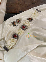 White Bead Victorian Diamond High Neck Choker -Red -VV541
