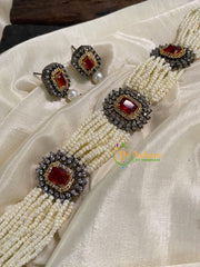 White Bead Victorian Diamond High Neck Choker -Red -VV541