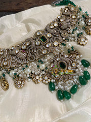 Green Bead Layered Victorian Diamond High Neck Choker -VV522