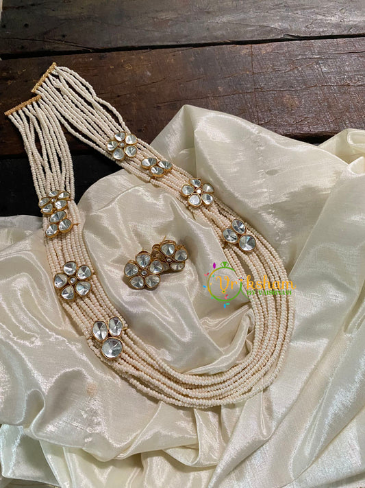 White Bead Layered Victorian Diamond Long Neckpiece  -VV544