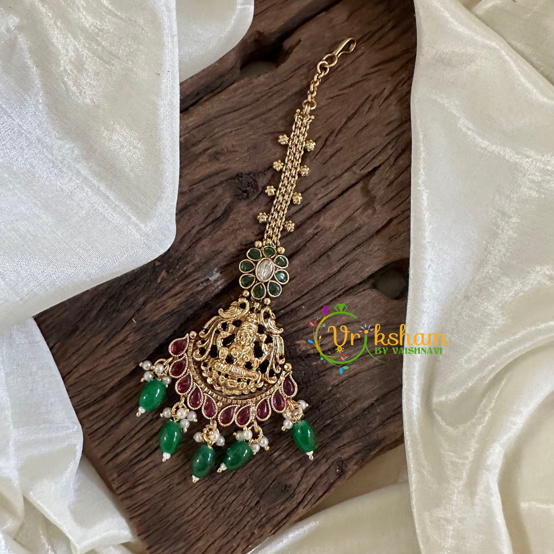 Premium AD Stone Lakshmi Maang Tikka -Green Bead-G10542