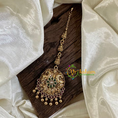 Premium AD Stone Maang Tikka -Dual Peacock-Gold Bead-G10527