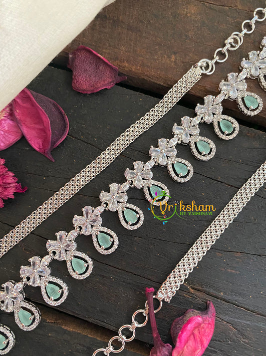 White Tone American Diamond Hip Chain-Tear Drop-Pastel Green-G3874