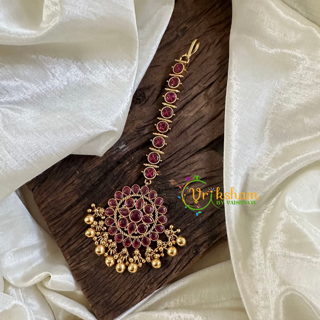 Premium Red AD Stone Maang Tikka -Gold Bead-G10523