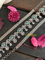 White Tone American Diamond Hip Chain-Oval and Drops-Pastel Green-G3956