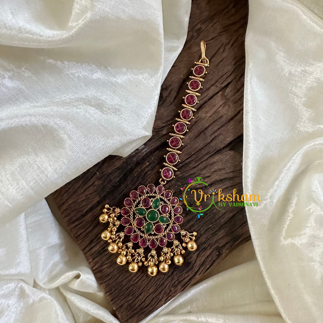 Premium Red Green AD Stone Maang Tikka -Gold Bead-G10522