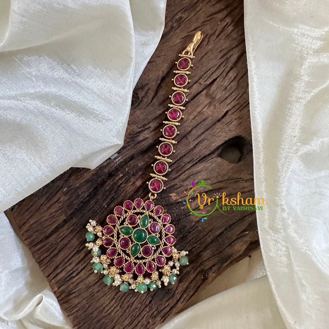 Premium Red Green AD Stone Maang Tikka -Green bead and Pearl-G10521