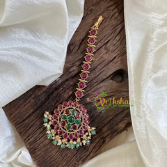 Premium Red Green AD Stone Maang Tikka -Green bead and Pearl-G10521