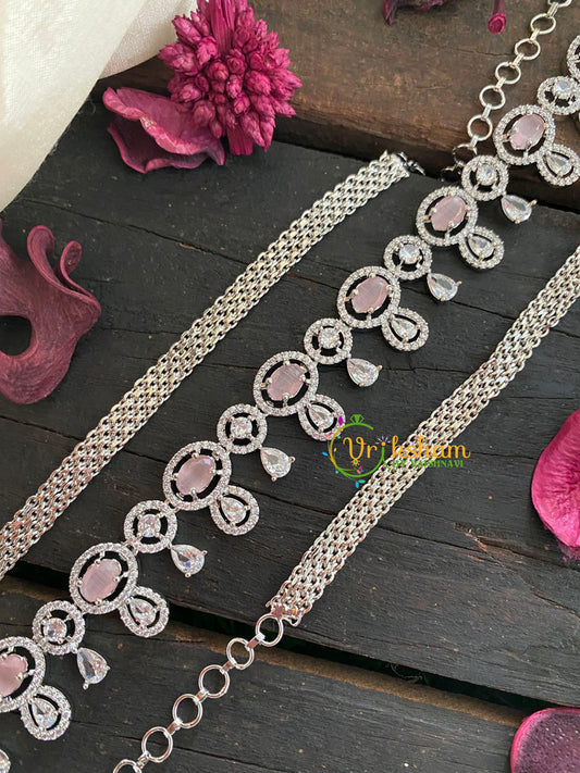 White Tone American Diamond Hip Chain-Oval Drops-Pastel Pink-G3954