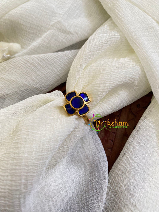 Precious Jadau Kundan Finger Ring-Blue-Fan Floral-J1505