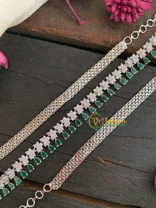 White tone American Diamond Hip Chain-Green-G3881