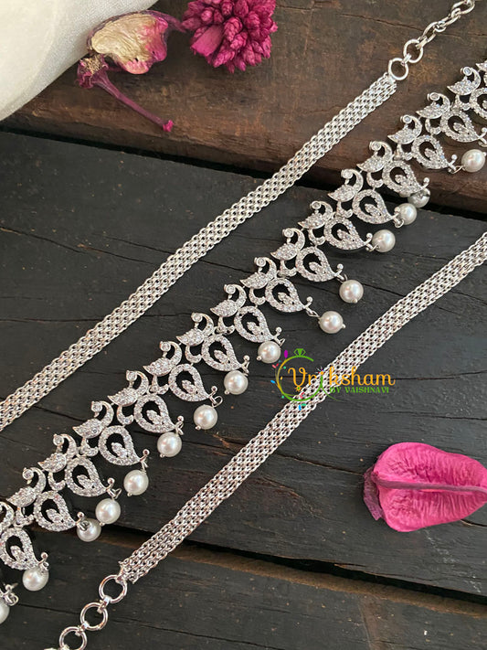 White Tone American Diamond Hip Chain-Peacock-White-G3950