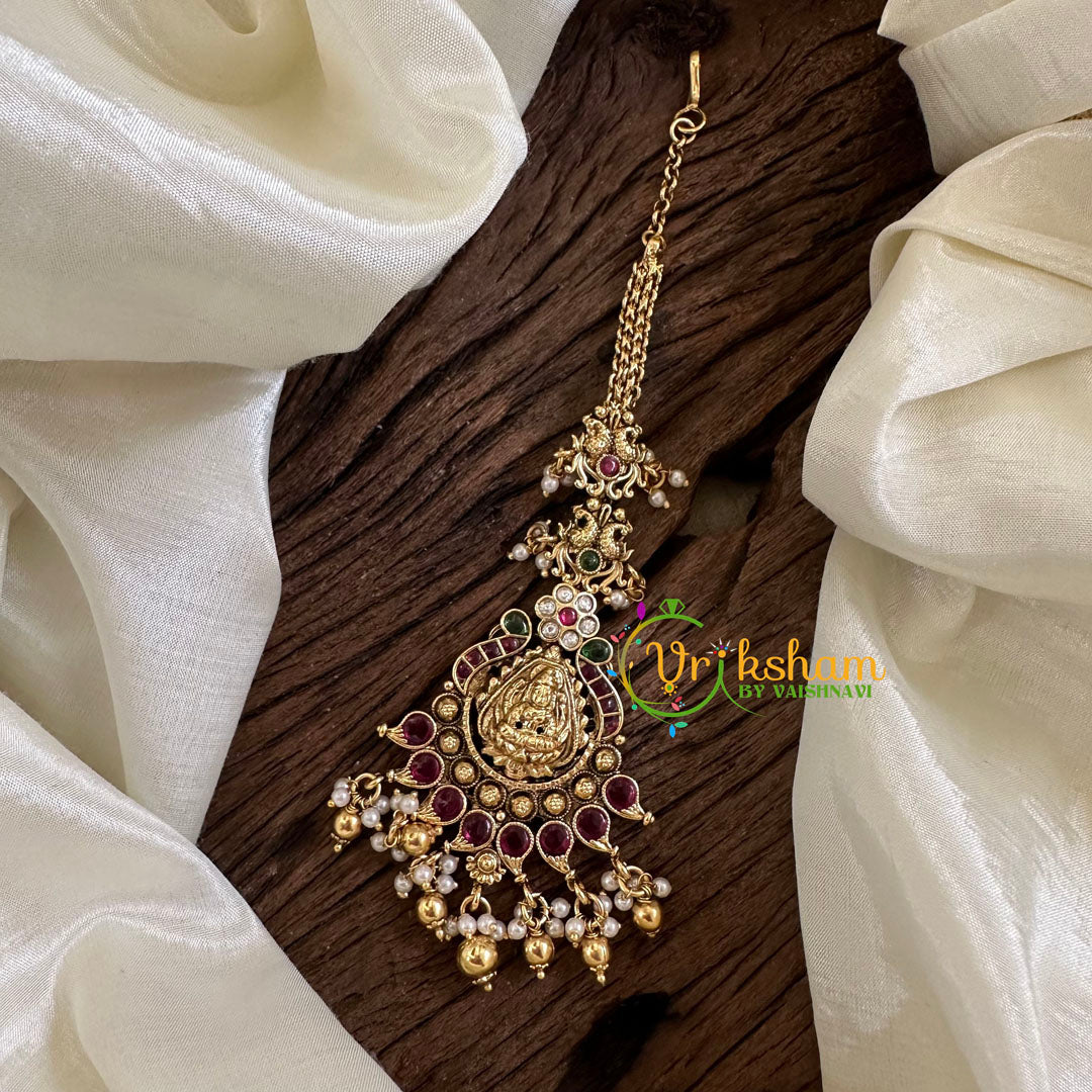 Premium AD Stone Lakshmi Maang Tikka -Gold Bead-G10587