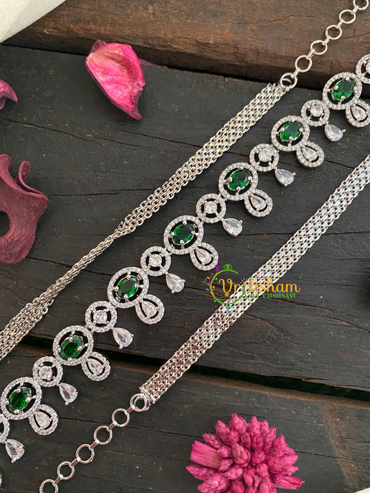 White Tone American Diamond Hip Chain-Oval Drops-Green White-G3949