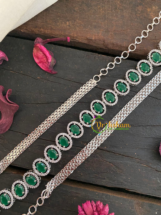 White Tone American Diamond Hip Chain-Oval Links-Green-G3948