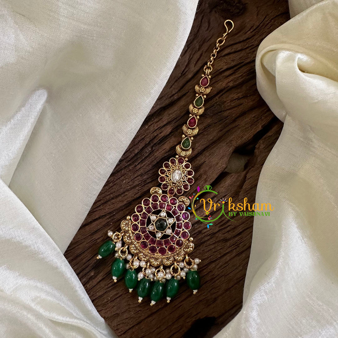 Premium AD Stone Maang Tikka -Green Bead-G10591
