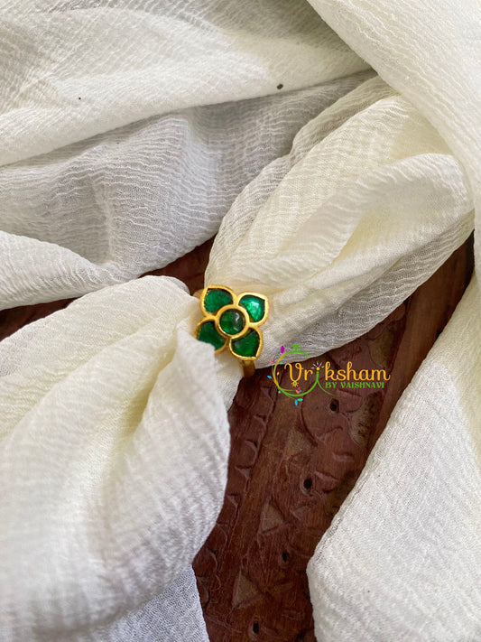 Precious Jadau Kundan Finger Ring-Green 4 Petals-J1520