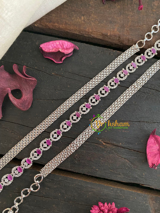 White Tone American Diamond Hip Chain-Oval Links-Pink-G3946