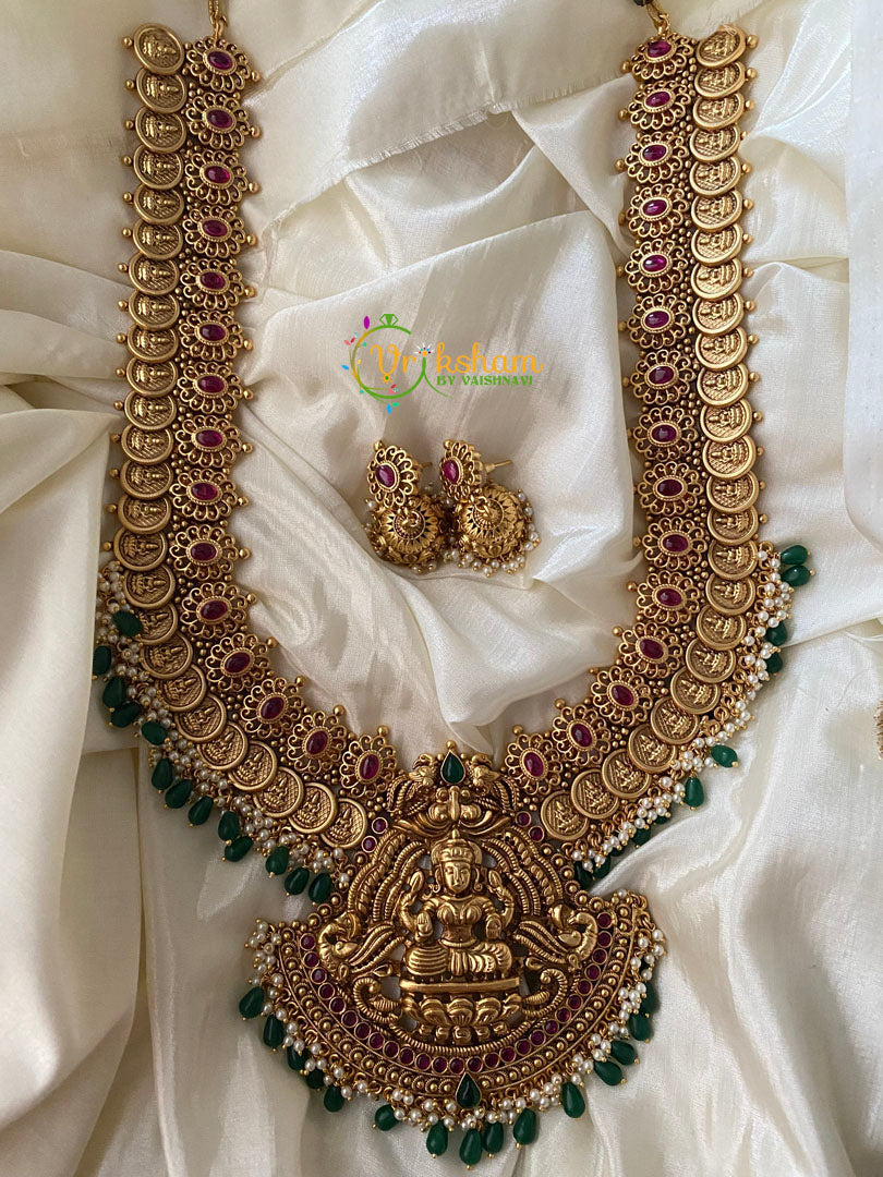 Gold Look alike Long Coin Lakshmi Haram -Green Beads– G2551