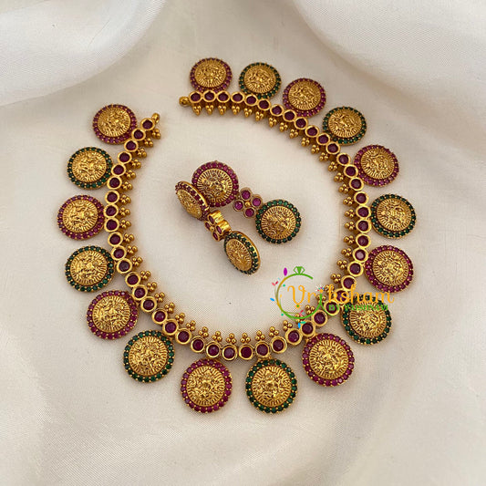 Lakshmi Coin Choker Short Neckpiece-Red Green-G6338