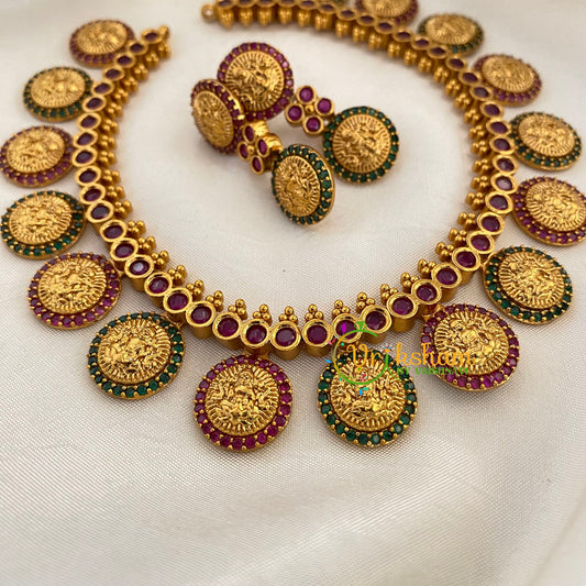 Lakshmi Coin Choker Short Neckpiece-Red Green-G6338