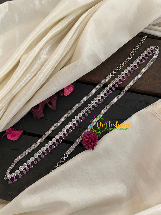 White Tone American Diamond Hip Chain-Dark Pink-Drop-G3844