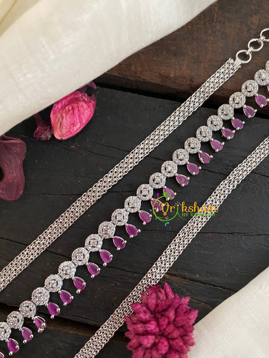 White Tone American Diamond Hip Chain-Dark Pink-Drop-G3844