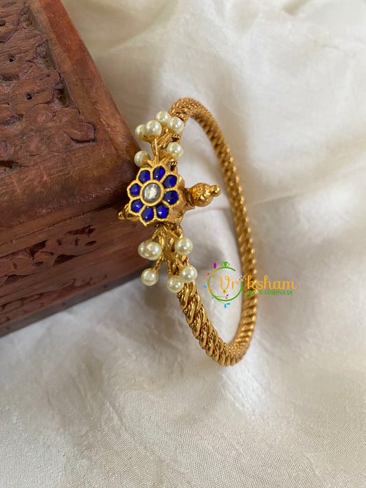 Precious Kundan Jadau Kada Bangle-Floral Pearl-Blue-J700