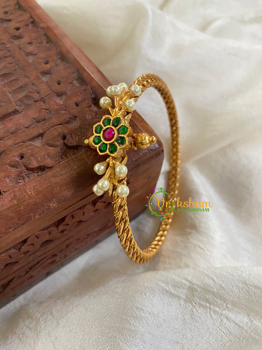 Precious Kundan Jadau Kada Bangle-Floral Pearl-Green Red -J699