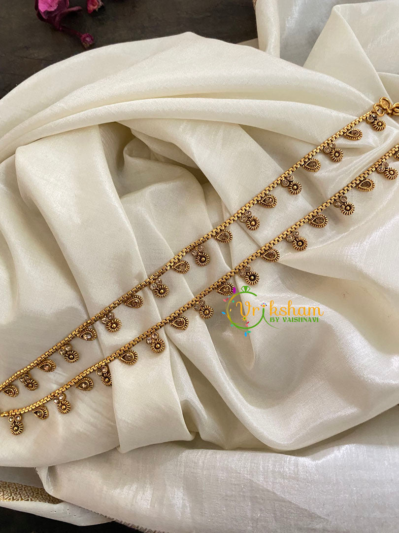 Elegant Gold Look Alike Thin Anklets-Dot Flower Leaf-White-G3930