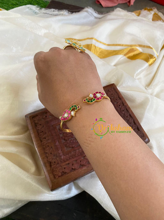 Peacock Precious Kundan Jadau Kada Bangle-Pink Green White-J691