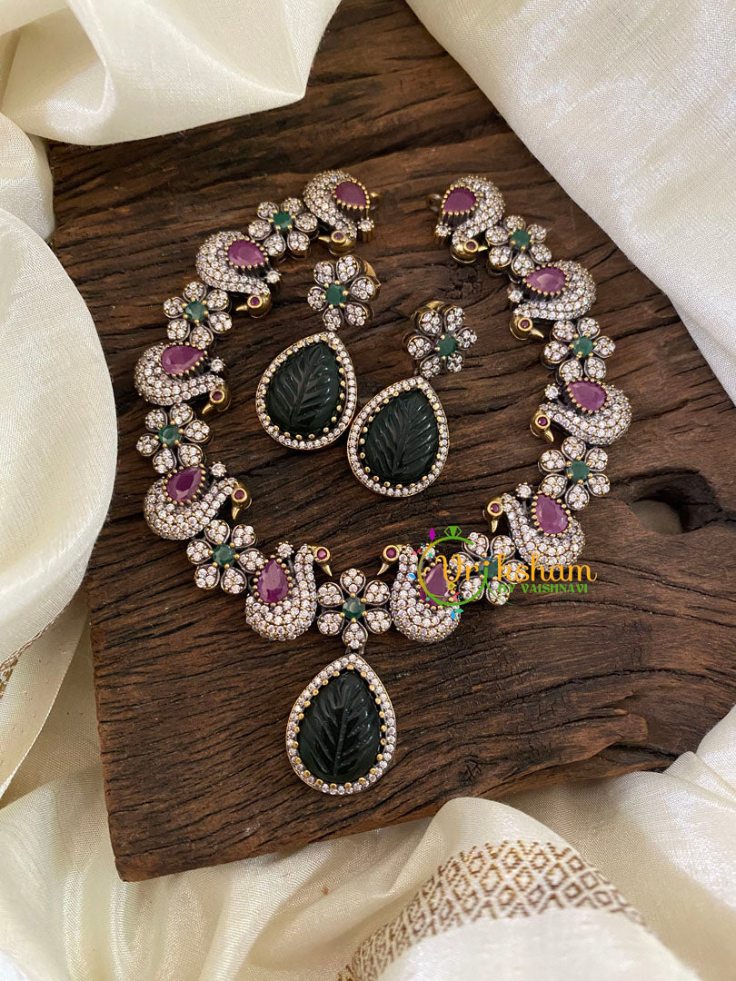 Pink green Victorian Diamond Pendant Short Neckpiece -VV857