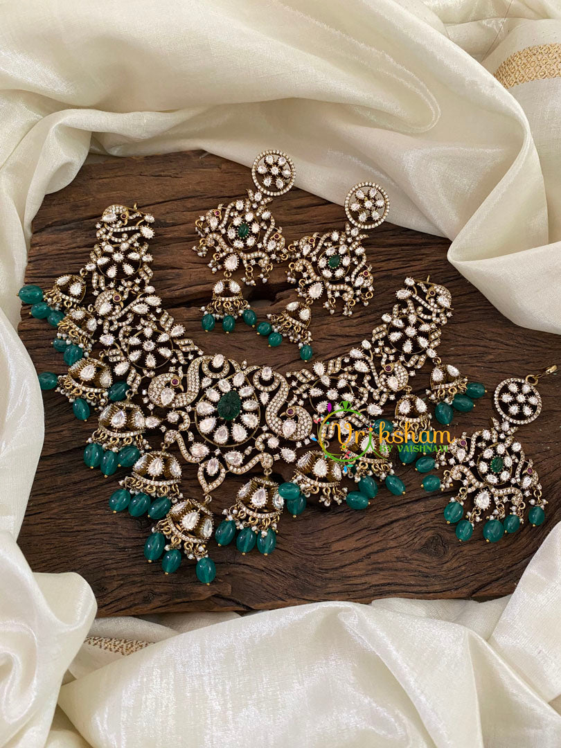 Green Bead Victorian Diamond Choker Short Neckpiece -VV849