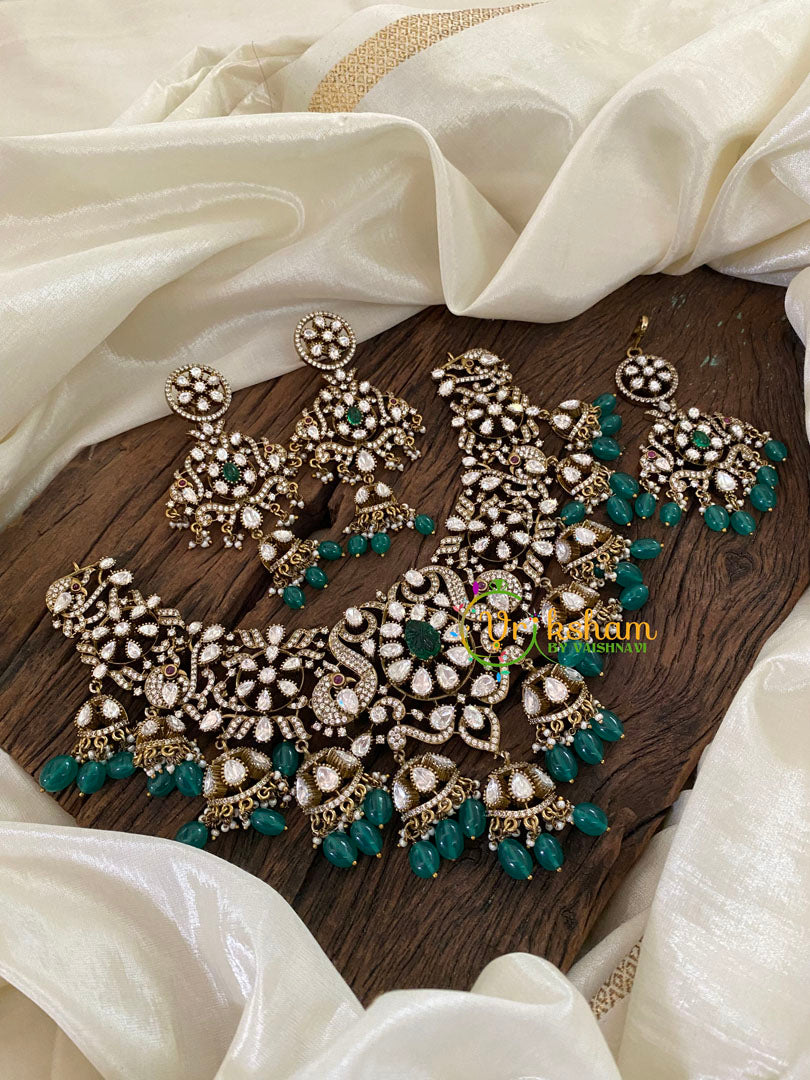Green Bead Victorian Diamond Choker Short Neckpiece -VV849