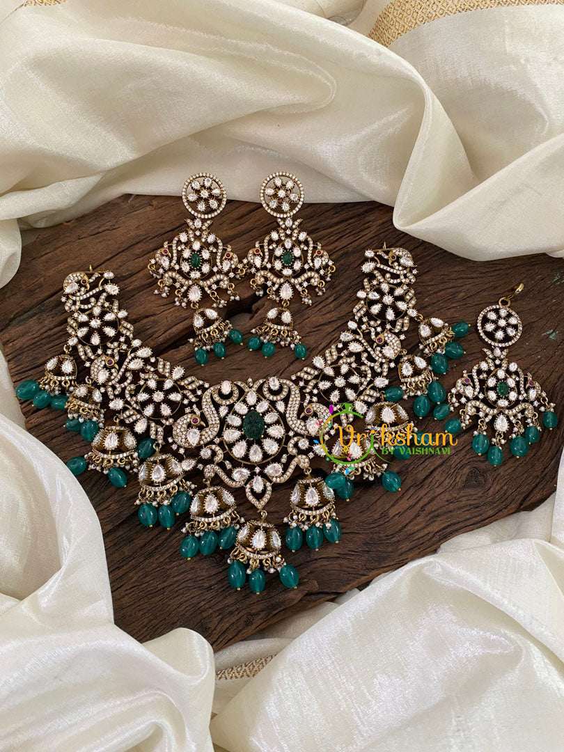 Green Bead Victorian Diamond Choker Short Neckpiece -VV849