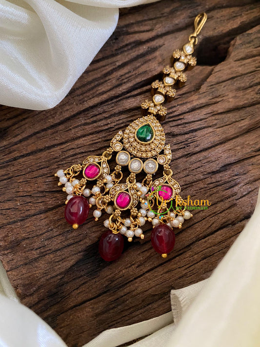 Victorian Diamond Maang Tikka-Red Bead-VV1027