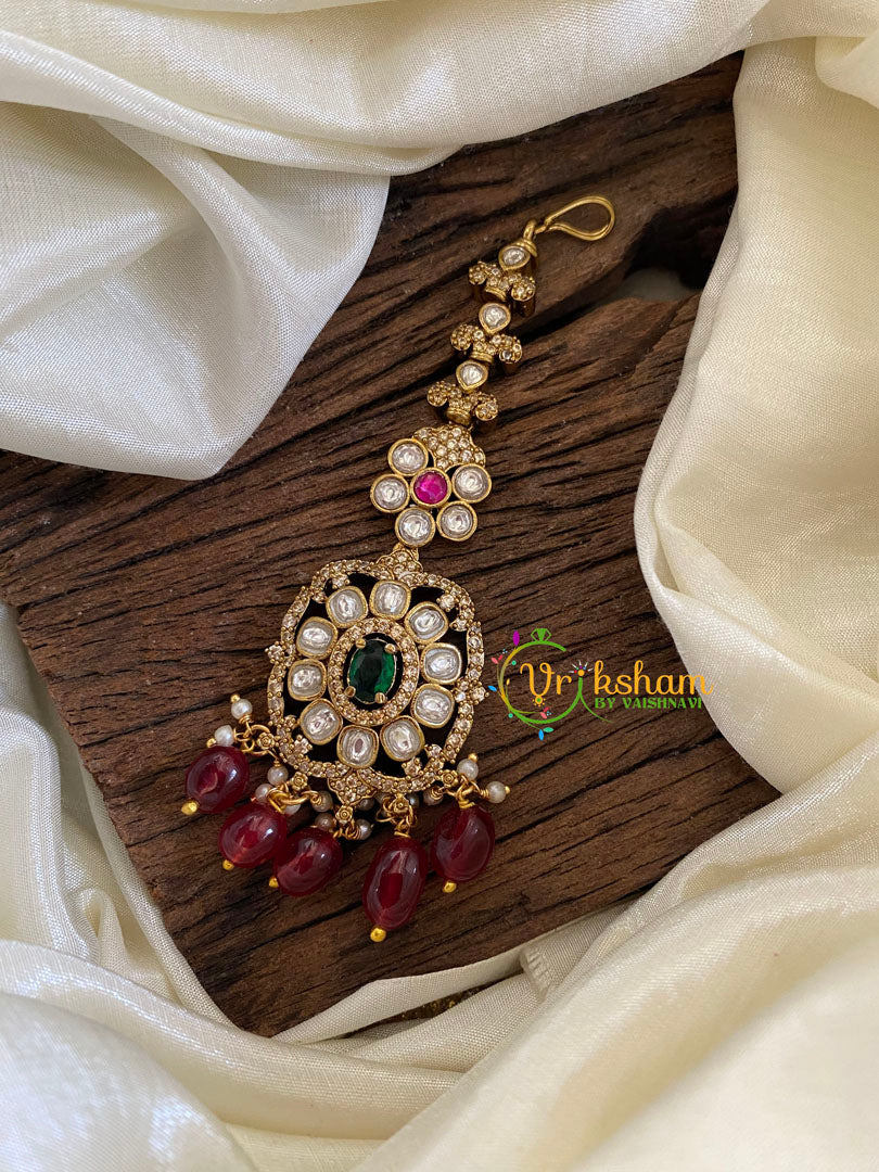 Victorian Diamond Maang Tikka-Red Bead-VV1028