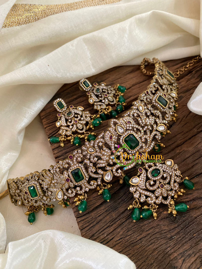 Victorian Diamond High Neck Choker-Green Bead -VV852