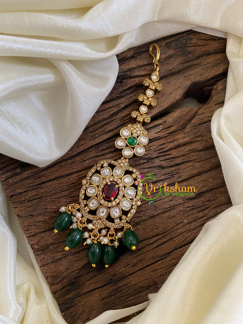 Victorian Diamond Maang Tikka-Green Bead-VV1013