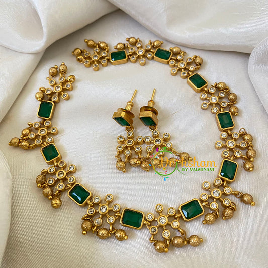 Elegant Premium AD Stone Choker Short Neckpiece-Green white -G6504