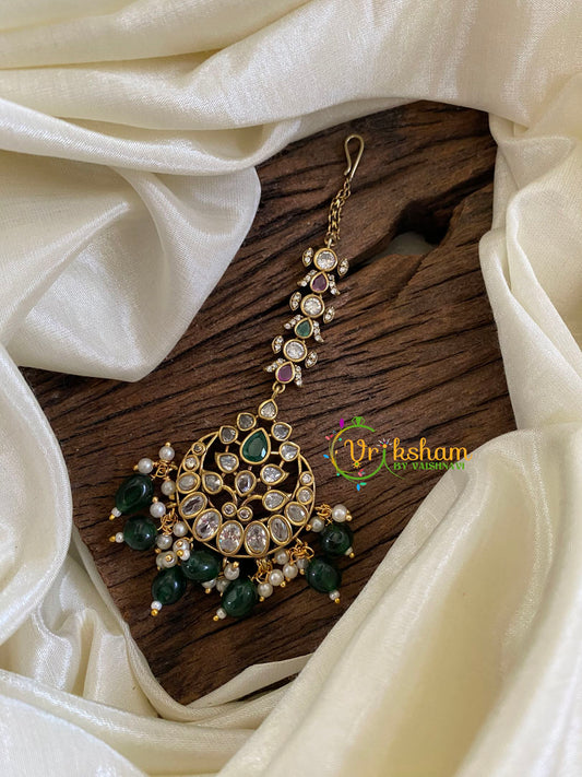 Victorian Diamond Maang Tikka-Green Bead-VV1014