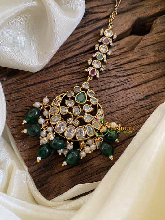 Victorian Diamond Maang Tikka-Green Bead-VV1014