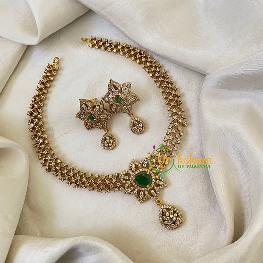 Elegant AD Stone Pendant Choker -Green white -G6396